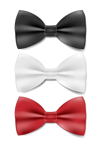 Ρεαλιστική μαύρη, άσπρη και κόκκινη γραβάτα. Διάνυσμα παπιγιόν απομονωμένο στο λευκό. Εικονογράφηση διανύσματος. — Διανυσματικό Αρχείο