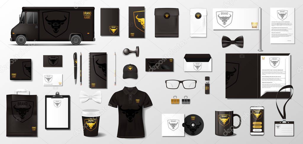 Black Corporate Branding template of van, folder, blank, shirt, envelope, business card, stamp. Business style stationery and documentation Mockup set. Vector EPS 10
