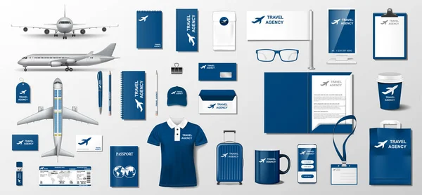Corporate Branding Identity Template Design für Reisebüros. Schreibwaren im Business-Stil und Dokumentation für Reise und Urlaub. Flugzeugvektorillustration — Stockvektor
