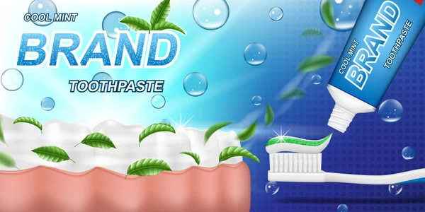 Anúncios de pasta de dentes de hortelã fresca, fundo de folhas de hortelã. Modelo de dente e design de pacote de produtos para cartaz de cuidados dentários ou publicidade. 3d ilustração vetorial . —  Vetores de Stock