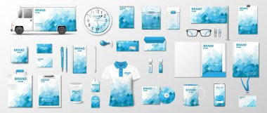 Corporate identity template. Realistic Business Stationery mockup with abstract geometric design. Stationery and uniform, van, brochure, bag, package for your brand. Vector illustration