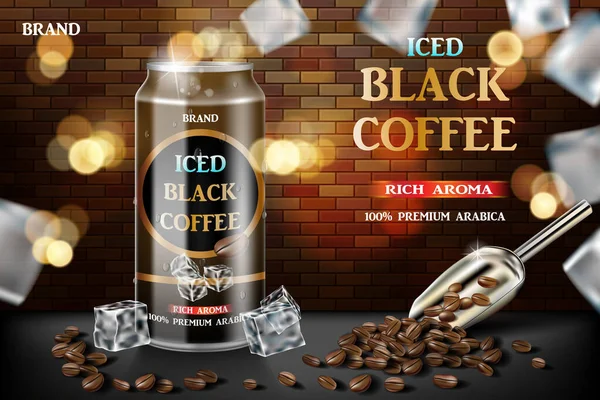 Gerçekçi siyah kahve, üç boyutlu resimde fasulye ve buz küpleriyle. Tuğladan yapılmış kahve tasarımı. Vektör