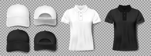 Set di modelli di abbigliamento sportivo. Berretto da baseball e polo in bianco e nero, vista frontale e posteriore. Illustrazione vettoriale t-shirt realistica — Vettoriale Stock