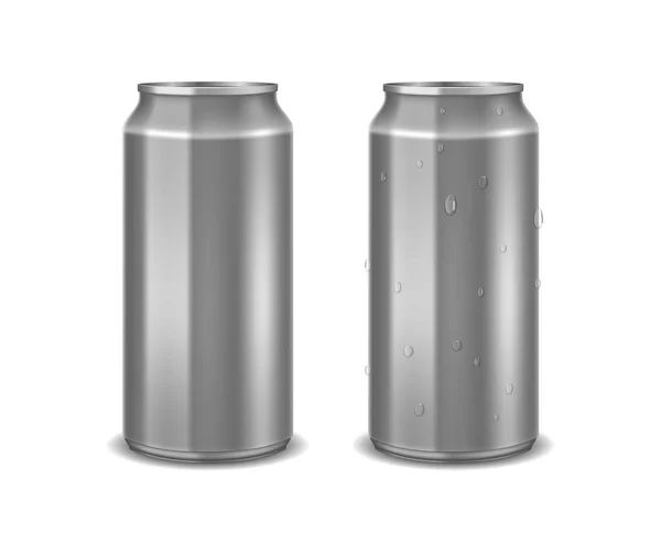 Aluminum realistic empty can with water drops for beer, juice or energy drink mockup isolated. Vector can template for your design. — ストックベクタ