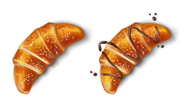 Croissant s izolovanou čokoládou. Realistický tradiční francouzský croissant. Pečeme sladký dezert k snídani nebo obědu. Vektorová ilustrace. — Stockový vektor