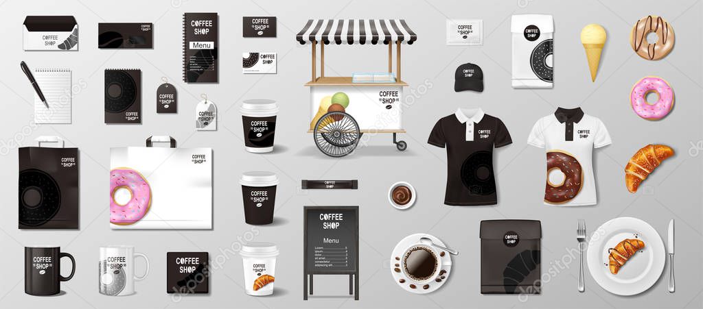 Realistic mockup for Bakery shop, Restaurant, Cafe. Corporate identity style Bakery food package mockup. Set of cup, pack, uniform, shirt, street menu, donut, croissant, paper bag