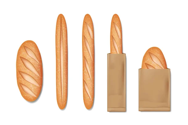 Pain de baguette français emballé. Ensemble de produits de boulangerie savoureux pour le petit déjeuner. Pain baguette réaliste et pain isolé. illustration vectorielle — Image vectorielle