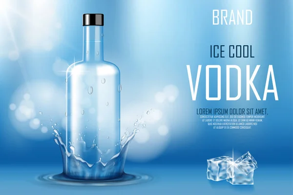 보드카 병에 얼음 조각이 들어 있습니다. 진한 알코올 음료는 윤기나는 푸른 배경 과물이 튀기고 떨어지는 것을 조롱한다. 보드카 광고 깃발. 3D 벡터 일러스트 — 스톡 벡터