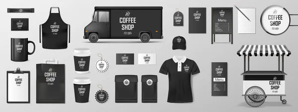 Mockup set for coffee shop, cafe or restaurant. Coffee corporate identity design. Realistic set of cardboard, paper pack, Food delivery truck, cup, pack, uniform, shirt, street menu — Stock Vector