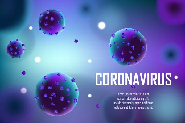 Latar belakang wabah medis coronavirus yang realistis. Pandemic Coronavirus 2019-nCoV ad concept banner design. Ilustrasi vektor molekul sel virus . - Stok Vektor
