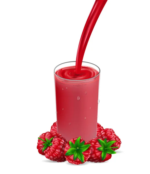 Zumo de frambuesa con salpicadura aislada en blanco. vaso con zumo de frambuesa roja. 3d realista berry Vector ilustración para su diseño — Vector de stock