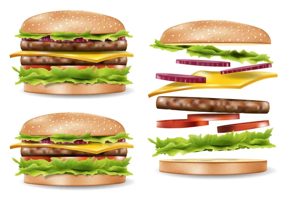 Anuncios de hamburguesas para su diseño, deliciosa hamburguesa vista lateral maqueta. Saltar hamburguesa realista con ingredientes refrescantes. Ilustración vectorial 3d — Vector de stock