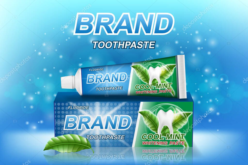 Mint toothpaste ads. Tooth model and product package design for dental care poster or advertising. 3d Vector illustration EPS 10