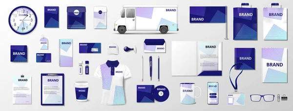 Realistic Business Stationery Documentation mockup with abstract geometric purple design for your brand. Corporate identity, company style template. Vector — 스톡 벡터