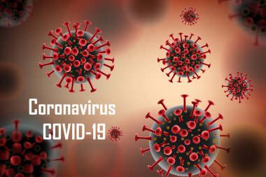 Gerçekçi koronavirüs salgını geçmişi. Pandemik Coronavirus 2019-ncov Uyarı Pankartı Tasarımı. Virüs hücresi kırmızı molekül vektör çizimi.