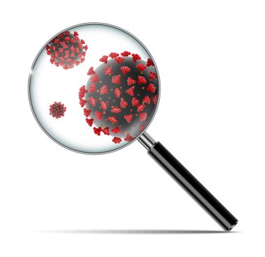 Coronavirus 2019 ncov pankartı ve büyüteç. Tıbbi virüs hastalığı, Coronavirus enfeksiyonları molekül arka planı. vektör illüstrasyonu.