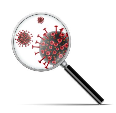 Coronavirus 2019-ncov salgını. Büyüteçli pankart kırmızı koronavirüs molekülü buldu. Tıbbi virüs hastalığı. vektör illüstrasyonu.