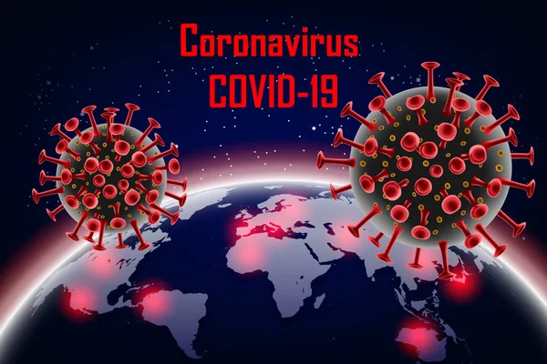 Coronavirus 2019-ncov dengan latar belakang bumi. Penyakit virus Wuhan. Banner dengan molekul sel merah Coronavirus. ilustrasi vektor. - Stok Vektor