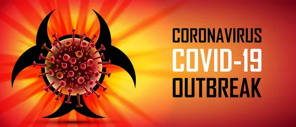 Panji Coronavirus 2019-ncov. Sebuah penyakit virus pernapasan baru, infeksi Coronavirus dengan latar belakang gelap merah. ilustrasi vektor. - Stok Vektor