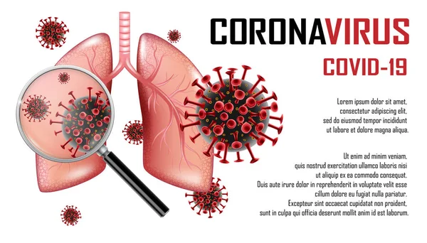 Focolaio di Coronavirus 2019-ncov. Design del banner Coronavirus con polmoni infetti e lente d'ingrandimento. Malattia del sistema respiratorio. Vettore — Vettoriale Stock