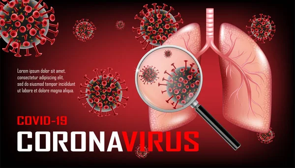 Wabah Coronavirus pada latar belakang merah gelap. Desain banner Coronavirus dengan paru-paru yang terinfeksi dan kaca pembesar. Penyakit sistem pernapasan. Vektor - Stok Vektor