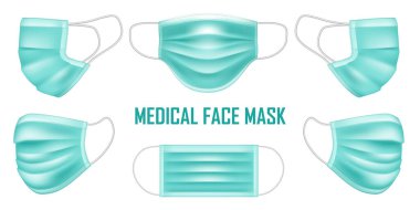 Doktor ve hasta için yeşil tıbbi maske, gerçekçi 3D cerrahi yüz maskesi. vektör illüstrasyonu