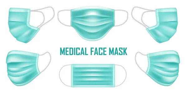 Máscara médica verde para médico y paciente, máscara facial quirúrgica 3D realista. ilustración vectorial — Vector de stock