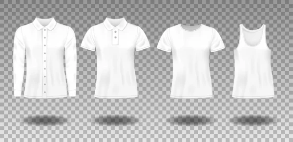 Realista plantilla uniforme en blanco camiseta sin mangas, Polo, camisa con mangas largas. Mockup para el diseño de ropa, vista frontal. ilustración vectorial — Archivo Imágenes Vectoriales