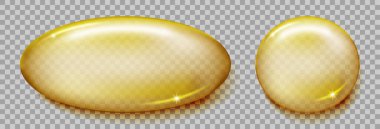 Şeffaf arkaplanda balık yağı kapsülü var. Omega 3 veya E vitamini altın softgel kapsül modeli. Vektör illüstrasyonu