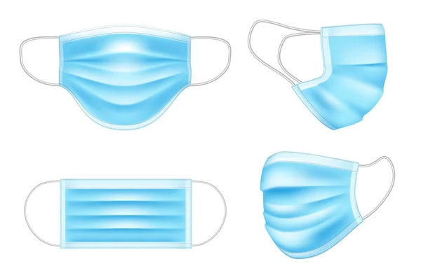 Blauw medisch masker voor arts en patiënt. Realistische 3D chirurgische gezichtsmasker geïsoleerd op wit. vectorillustratie — Stockvector