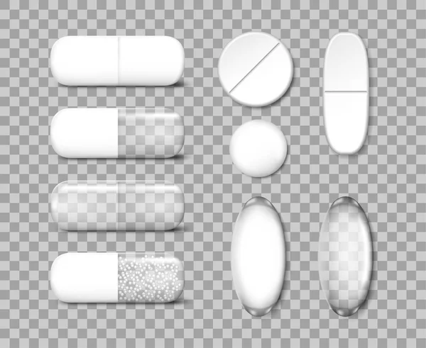 Plantilla de pastillas analgésicas. Medicamentos antibióticos y pastillas vitamínicas Mockup. Ilustración vectorial — Archivo Imágenes Vectoriales