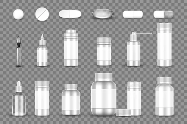 Weiße leere Flaschenverpackungen und Tabletten, Kapseln isoliert auf transparentem Hintergrund. Arzneimittelbehälter und Tabletten-Attrappen. Vektor — Stockvektor