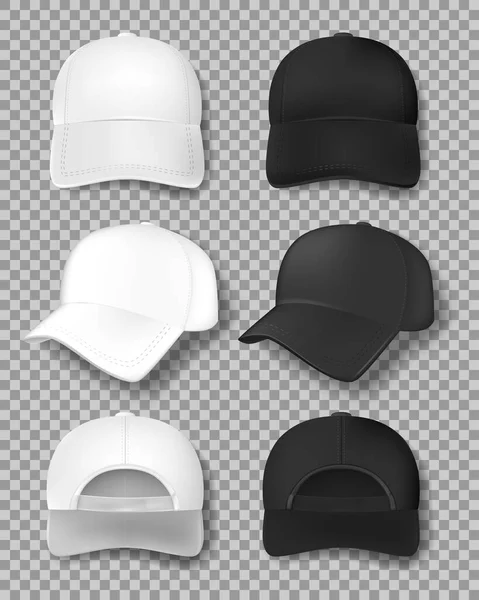 Реалистичный макет бейсбольной кепки изолирован на прозрачном фоне. Белый и чёрный текстильный колпачок спереди, сзади и сбоку. Единый шаблон шляпы. Векторная иллюстрация — стоковый вектор