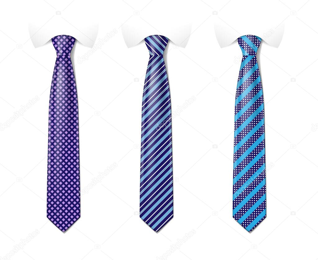 Man colored tie set. Tie mockup with different fashion pattern. Striped silk neckties templates with textures set. Vector illustration