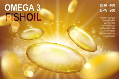 Balık yağı kapsülleri şablon, omega-3 veya altın arka planda E vitamini kapsülü. Vektör 3 boyutlu illüstrasyon.