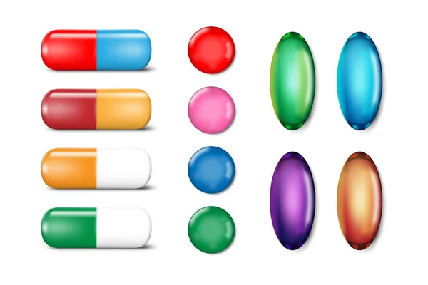 Medicina antidolorifico modello di pillole. Set di pillola di colore. Farmaci antibiotici e vitamina tablet Mockup. Illustrazione vettoriale — Vettoriale Stock