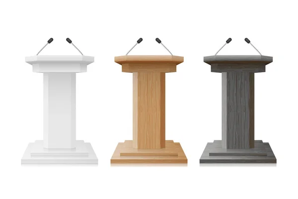Podium de madeira e branco vazio Tribune Set. Debate Podium Stand com microfones mockup isolado. Ilustração para apresentação de negócios. ilustração vetorial —  Vetores de Stock