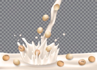Şeffaf arka planda izole edilmiş soya sütü. Paket tasarımı için içine süt dökülen soya fasulyesi. 3d Vektör illüstrasyonu