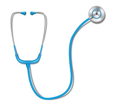 Mavi steteskoplu sağlık konsepti izole edildi. Sağlık teşhisi için gerçekçi steteskop ilaçları. Vektör illüstrasyonu