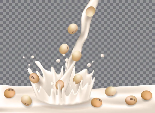 Γάλα σόγιας με splash απομονωμένο σε διαφανές φόντο. Φασόλια σόγιας με γάλα που ρίχνει κάτω για σχεδιασμό συσκευασίας. 3d διανυσματική απεικόνιση — Διανυσματικό Αρχείο