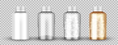 Gerçekçi şeffaf turuncu ilaç şişesi izole edilmiş. Boş, kapsül hapları dolu plastik ve cam kavanoz. İlaç şişesi ürün paketleme maketi.