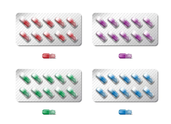 Imballaggio di farmaci antidolorifici. Realistico 3d farmaci colorati in blister isolato. Blister di vitamina capsula farmaco. Assistenza medica illustrazione farmaceutica — Vettoriale Stock