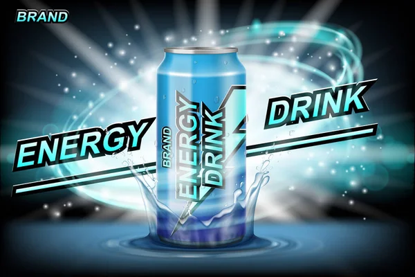 Reklama na nápoje. Energie pít hliníkové plechovky s postřikem a jasné blesky na tmavém pozadí. Realistická 3D ilustrace. — Stockový vektor