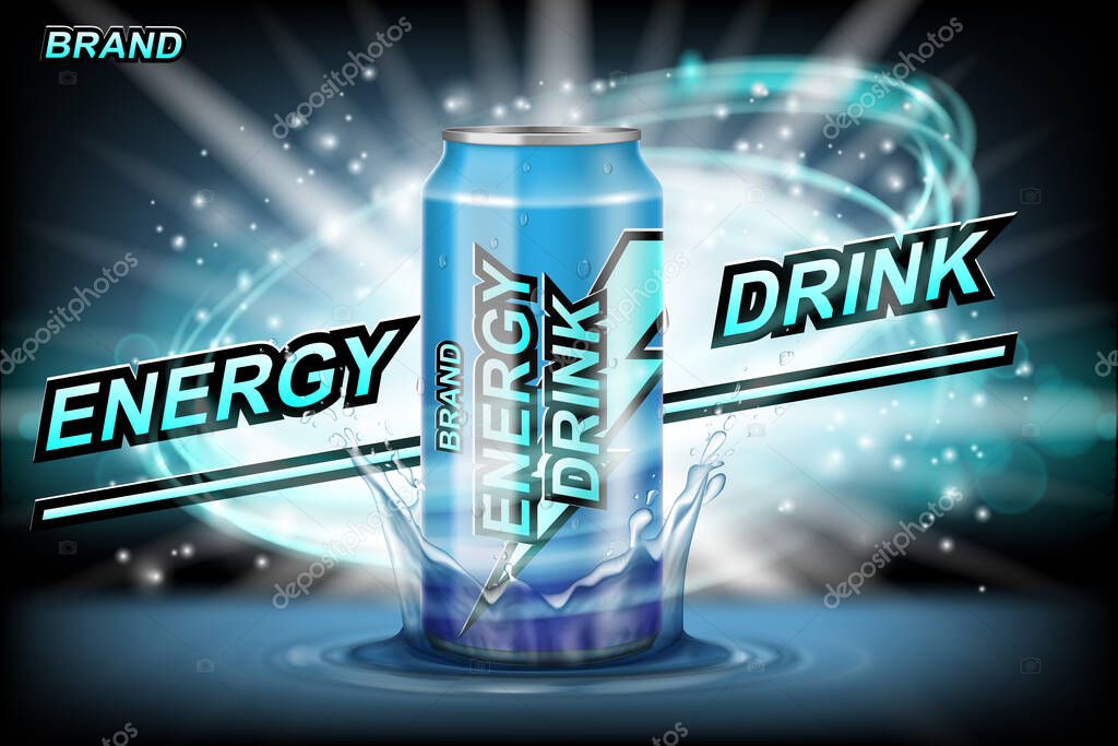 Energy drink contained in metal can with electricity current element, teal background 3d illustration