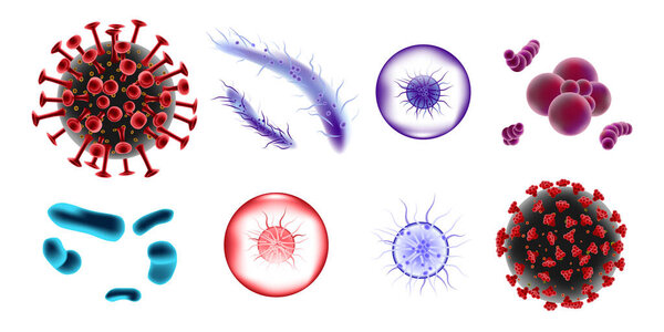 Set of microscopic 3d bacteria and viruses. Microbiology vector bacterium and Bifidobacterium germ isolated. Medical virus molecule illustration
