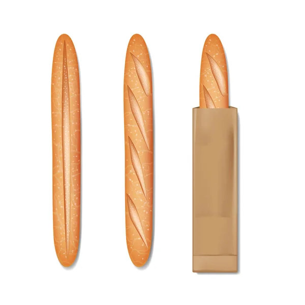Francia bagett kenyér papírzacskóban. Finom péksütemények reggelire. Reális bagett kenyér és kenyér elszigetelve. vektor illusztráció — Stock Vector