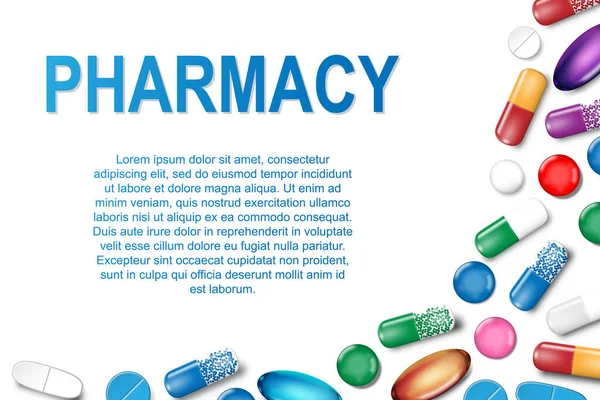 Medizinisches Banner mit Pillen und Kapsel Hintergrund. Apotheken-Poster mit Schmerzmittel-Kapseln, Vitaminen und Medikamenten. Vektorillustration — Stockvektor