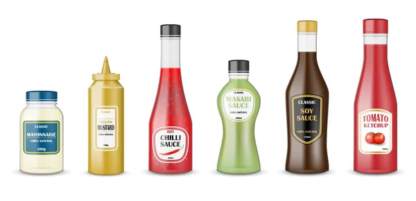 Ensemble de bouteilles de sauce. bouteilles en verre réalistes contenant du ketchup, de la mayonnaise, de la moutarde, du piment fort et des sauces de soja. Conditionnement emballage plastique pour sauces fast food. illustration vectorielle — Image vectorielle