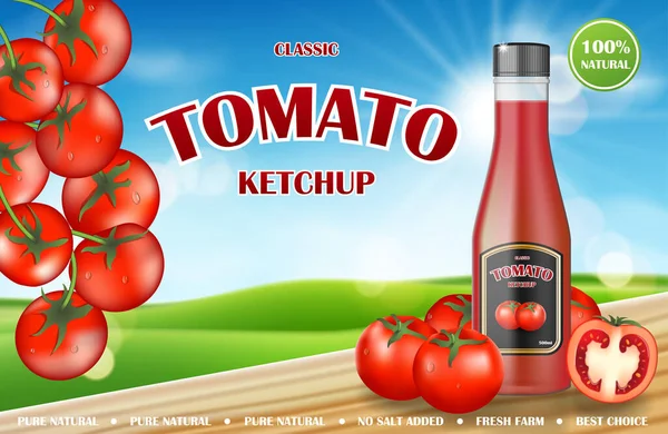 Tomatenketchup advertenties. Realistische ketchup fles mockup met verse tomaten op het platteland zonnige achtergrond. Sauce promo banner. 3d vector illustratie — Stockvector