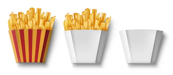Patatas Papas fritas en caja de papel, aisladas. Caja de paquete realista con papas fritas y vacías. Banner de comida rápida. ilustración vectorial — Vector de stock